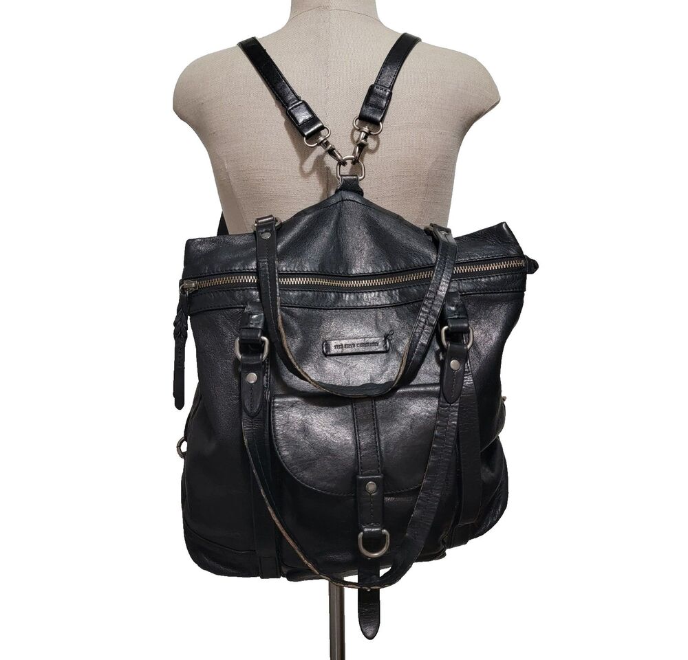 Frye Josie Black Leather Convertible Backpack Tote Shoulder Bag Harness Ring